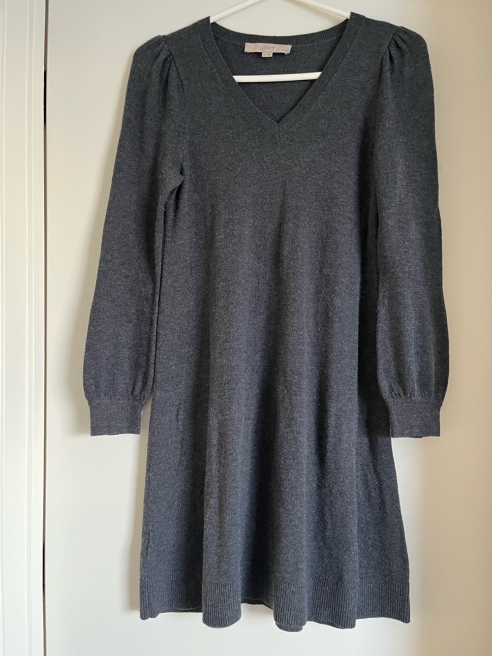 LOFT Charcoal Gray V-Neck Long Sleeve Sweater Dress
